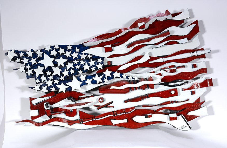 Ab The Flagman. Large American Flag.: Ab The Flagman. Large American Flag.Signed. Not dated but one his earliest pieces when he was still using die molds from an old factory. Paint on scrap wood assemblage. Excellent condition. 45” w x 