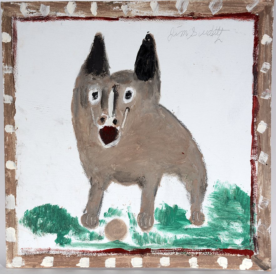 Jimmy Lee Sudduth. Toto With Ball.: Jimmy Lee Sudduth. Toto With Ball.c. 1980’s. Signed. Paint and sweet mud on board. Excellent condition. 24” x 24”h. Provenance: The private collection of Leslie Muth. Est. $500-800. Ship: $45