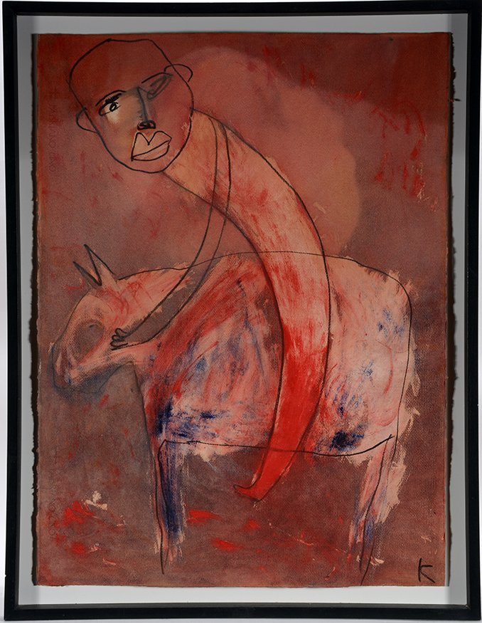 Karl Mullen. Horse and Rider.: Karl Mullen. Horse and Rider.2004. Initialed. Dry pigment and walnut oil hand rubbed on fabriano uno paper. Image is 22” w x 30”h. Frame is 25” w x 33”h. Est. $700-1,000. Ship: $75