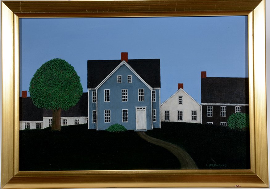 Ted Jeremenko. On The Hill.: Ted Jeremenko (YUGOSLAVIAN, B. 1938). On The Hill. 1983. Signed, dated and titled. Acrylic on canvas. Image is 16” w x 11”h. Frame is 18” w x 12” h. Excellent condition. Provenance: Jay Johnso