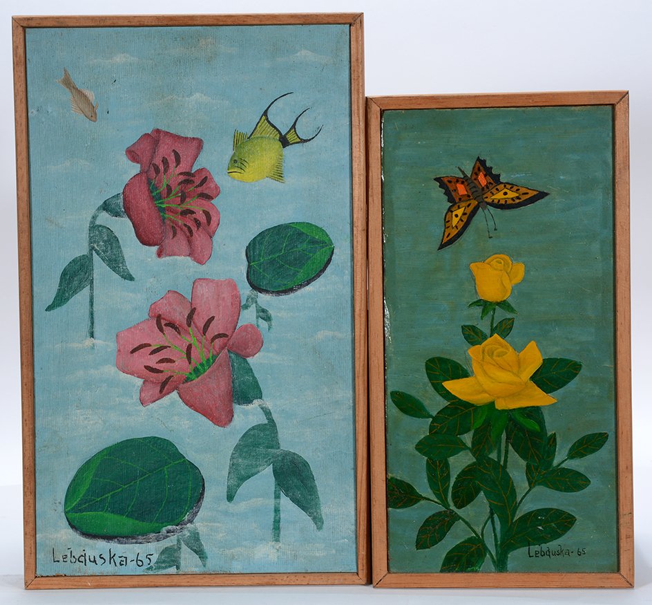 Lawrence Lebduska. Pair Of Flower Paintings.: Lawrence Lebduska. Pair Of Flower Paintings.1965. Signed and dated. Oil on masonite. Great condition. Largest is 9” w x 14”h. Est. $800-1,200. Ship: $35