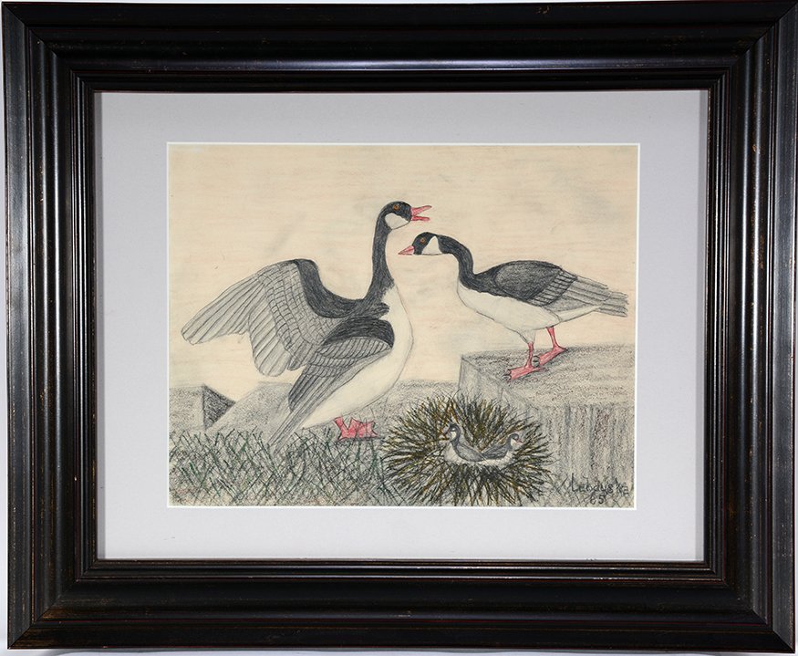 Lawrence Lebduska. Canadian Geese With Chicks.: Lawrence Lebduska. Canadian Geese With Chicks.1965. Signed and dated. Colored pencil and crayon on paper. Excellent condition. Image is 14” w x 11”h. Frame is 22” w x 18”h. Est. $800-1,200. Sh
