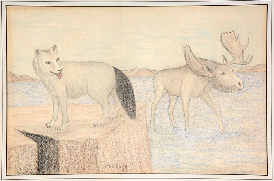 Lawrence Lebduska. Challenging Wolf And Moose.: Lawrence Lebduska. Challenging Wolf And Moose.Signed and titled. Colored pencil and crayon on paper. Excellent condition. Image is 17” w x 11”h. Frame is 26” w x 20”h. Est. $800-1,200. Ship: $