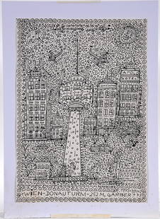 Johann Garber. Vienna Tower Of Danube 252M.: Johann Garber (b. 1947). Vienna Tower Of Danube 252M.1995. Signed, dated and titled. India ink on paper. Image is 8” w x 11.5”h. UV Protective non-glass frame is 19.5” w x 23”h. Garber is a re