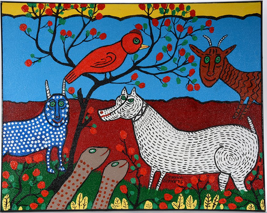 Geneva Beavers. Under The Apple Tree.: Geneva Beavers. Under The Apple Tree.1988. Signed, dated and titled on verso. Acrylic and sand mix on canvas. Excellent condition. 31” w x 24”h. Est. $800-1,200. Ship: $65