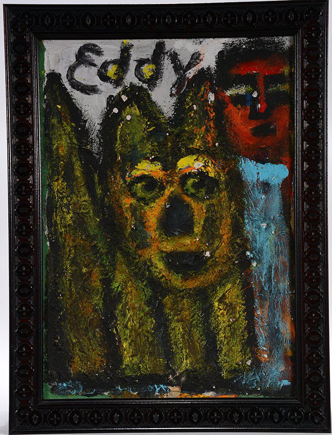 Eddy Mumma. Yellow Dog.: Eddy Mumma. Yellow Dog.Signed. Not dated. Thick acrylic paint on art board. 14” w x 20”h with frame. Est. $1,100-1,400. Ship: $35