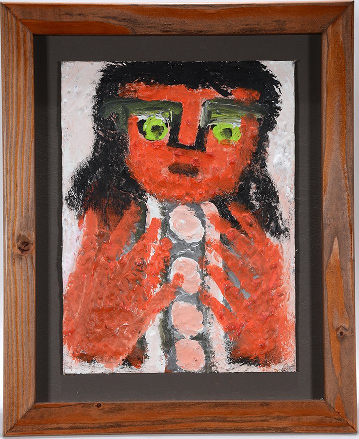 Eddy Mumma. Orange Woman With Big Hands.: Eddy Mumma. Orange Woman With Big Hands.Not signed. Heavy oil on masonite. Excellent condition. Size with frame is 18” w x 22”h. Est. $800-1,200. Ship: $55