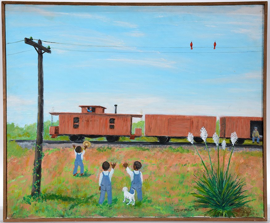 M.B. Mayfield. Hey Caboose Man.: M.B. Mayfield. Hey Caboose Man.1993. Signed, dated and titled. Acrylic on canvas. Excellent condition. Size with frame is 24” w x 20”h. Est. $600-900. Ship: $45