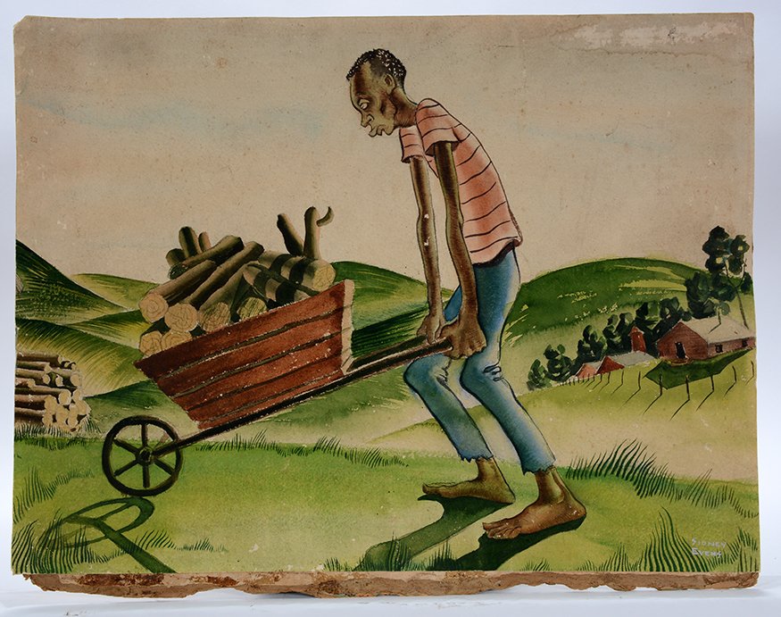 Sidney Evens. Hauling Firewood.: Sidney Evens. Hauling Firewood. c. 1940’s. Signed. Watercolor on paper. Some warping, otherwise good condition. 20” w x 15” h. Est. $300-500. Ship: $45