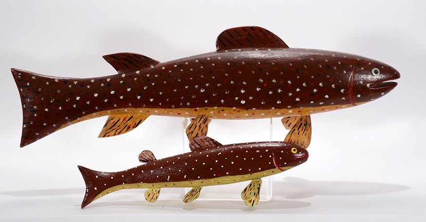 Miles Smith. Large Brown and Small Brown Trout.: Miles Smith. Large Brown and Small Brown Trout.Polychromed wood with rubber or cork eyes. The larger is 26”x 8” x 5” and the smaller is 15” x 4.5” x 3”. Excellent condition. 500-800. Ship:
