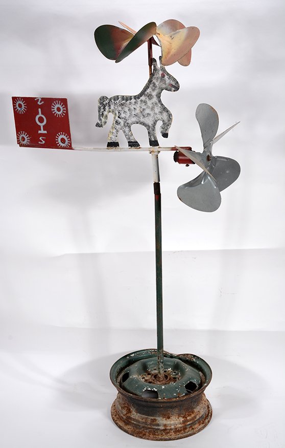 Vollis Simpson. Horse Whirligig.: Vollis Simpson. Horse Whirligig.Not signed. Cut out metal with paint. Environmental wear on base, otherwise great condition. 54”x 31” x 12”. Est. $300-500. Ship: $150