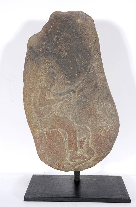David Marshall. Man Fishing Sitting On A Rock.: David Marshall. Man Fishing Sitting On A Rock.Signed. Not dated. Carved stone. Excellent condition. Size with base is 6” x 4” x 11”h. Est. $500-800. Ship: $45