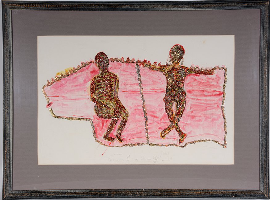 Luster Willis. Mommies (sic.) Of The Stone Age.: Luster Willis. Mommies (sic.) Of The Stone Age.1983. Signed, dated and titled. Watercolor and glitter on paper. Excellent condition. Image is 22” w x 14.5” h. Frame is 30” w x 22”h. Provenance