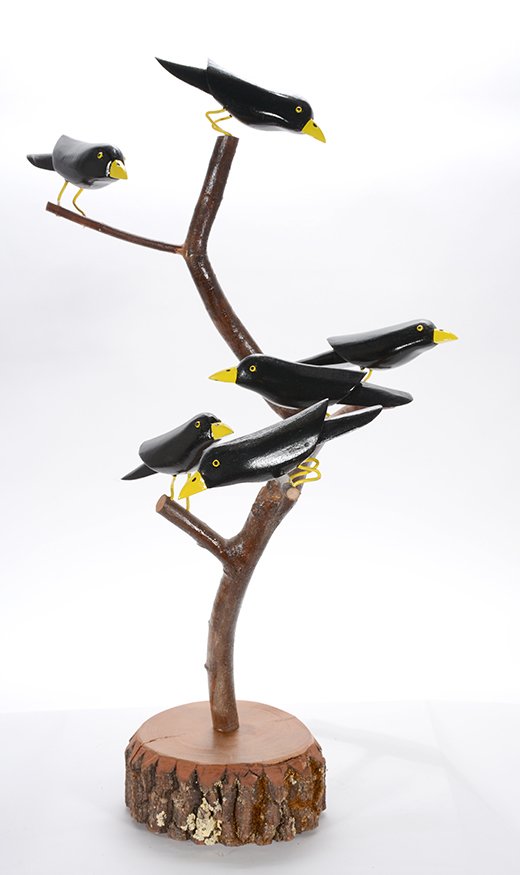 Lonnie and Twyla Money. Murder Of Crows.: Lonnie and Twyla Money. Murder Of Crows. Signed. Carved and painted wood with natural limbs. Excellent condition. 28”h. Est. $200-300. Ship: $75