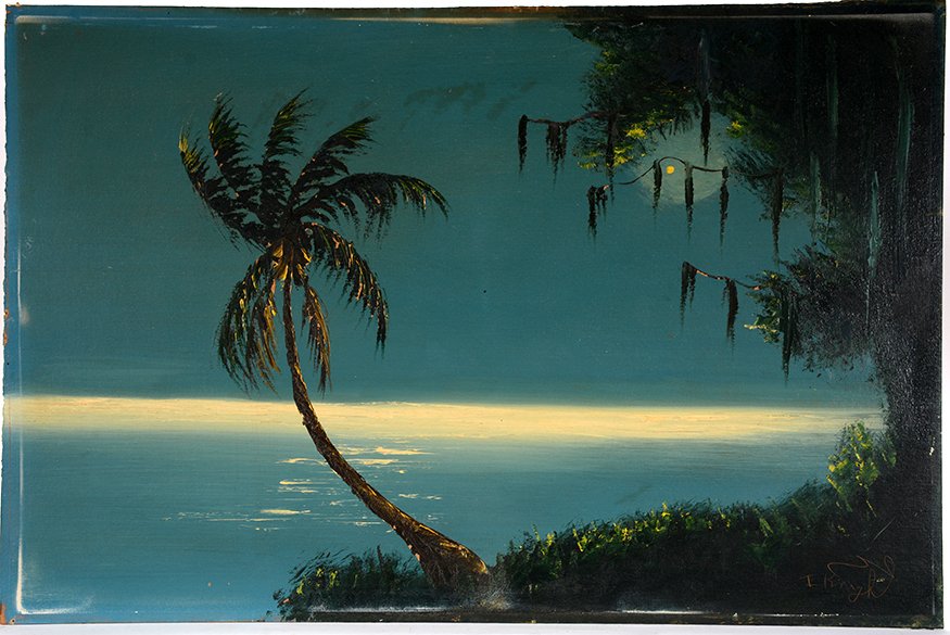Isaac Knight. Single Palm In Moonlight.: Isaac Knight. Single Palm In Moonlight. c. 1960’s. Signed. Not dated. Oil on upson board. rubs on frame and minor loss, otherwise good condition. 36” w x 24”h. Est. $500-1,000. Ship: $75