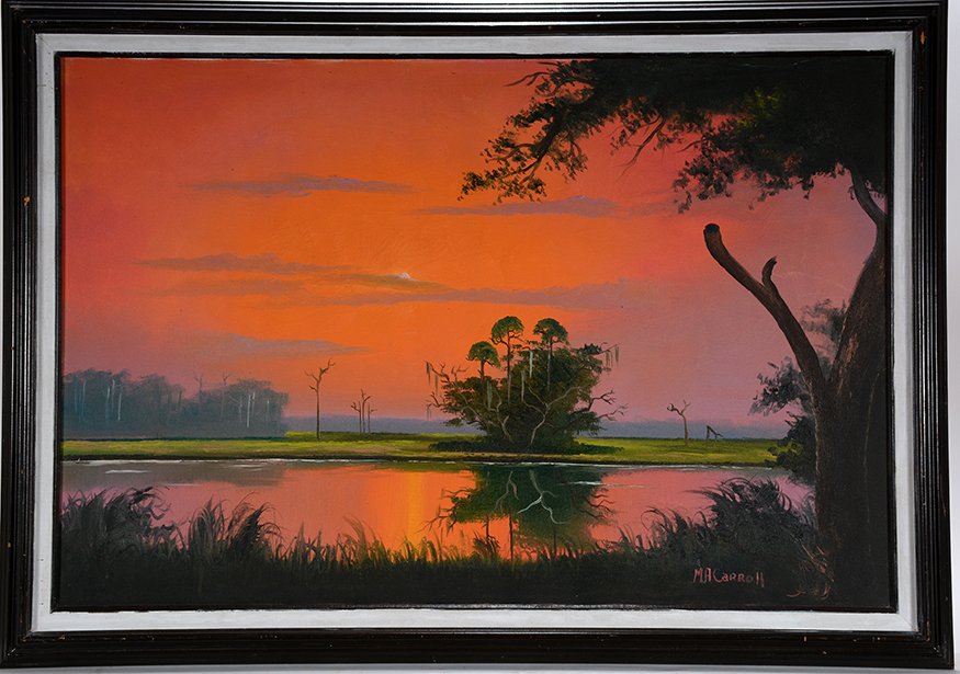 Mary Ann Carrol. Orange Sunset Over River.: Mary Ann Carrol. Orange Sunset Over River. Signed. Not dated. Oil on canvas. Excellent condition. Size with frame is 41” w x 27”h. Est. $300-500. Ship: $85