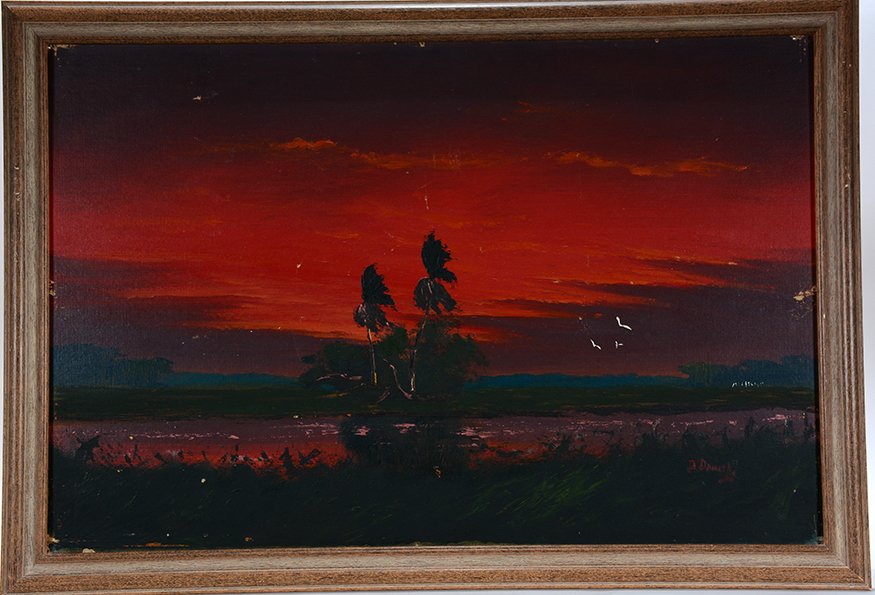 Johnny Daniels. Palm Island On River At Red Sky (1 of 2)