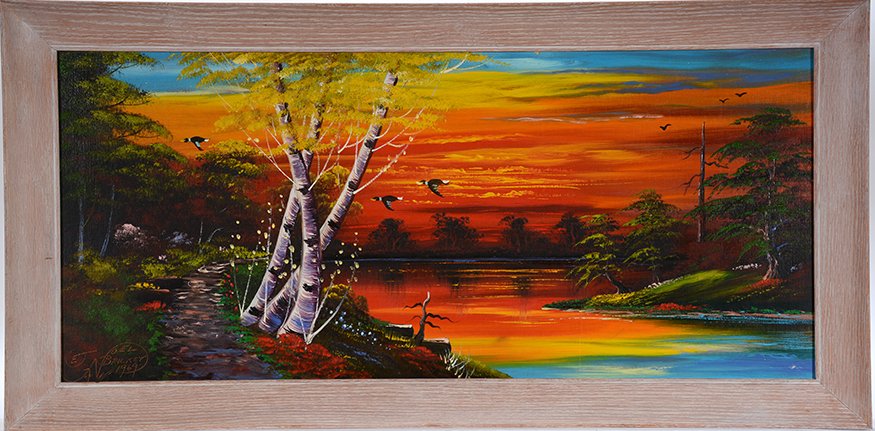 Emory N. Brickey. Ohio River At Sunset.: Emory N. Brickey. Ohio River At Sunset. 1969. Signed and dated. Oil on upson board. Excellent condition. Size with frame is 40” w x 20”h. Est. $300-500. Ship: $65