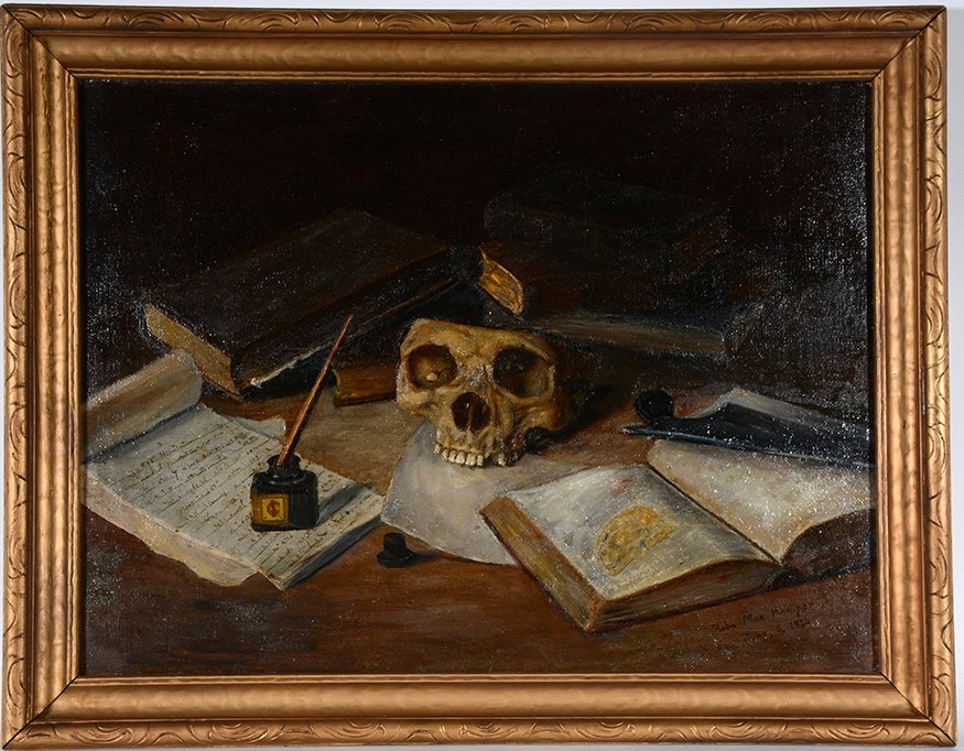 Reba Mae Kemper. Study Of Medical Book and Skull.: Reba Mae Kemper. Study Of Medical Book and Skull. 1923. Signed and dated. Oil on canvas panel with varnish. Excellent condition. Size with frame is 27” w x 21”h. Est. $500-800. Ship: $65