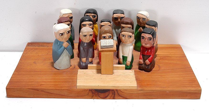 Connie Lewis. Church Congregation #2.: Connie Lewis. Church Congregation #2. 1993. Signed, dated and titled. Carved and painted wood. Excellent condition. 16” x 8.5” x 5”. Est. $200-300. Ship: $55