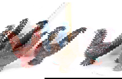 Jugtown Pottery 4 Ceramic Roosters: Stamped, "Jugtown Pottery," and signed Charles Moore. Tallest is 9" h. Ship: $20