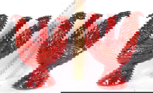 Charles Moore Red Chicken Candle Holders: 9" h. Ship: $20