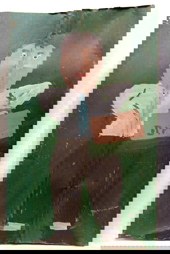 Sam Doyle Dr.: Housepaint on tin. 22" w x 36" h. Unsigned. Paint has some sctatches on the tin, as was very common with Doyles' environmental pieces. Most of the scratches are on the green background not appear sign