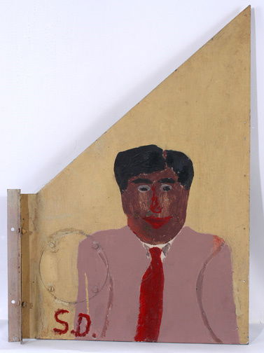 Sam Doyle Man with Red Tie: Latex on metal (This is probably a cover plate off of a large appliance). 23" w x 32" h. Mint condition. Strong colors, no flaking. Signed, "S.D". Ship: $30 Est. $4,000-6,000