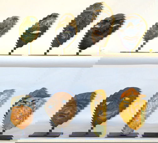 David Marshall 8 Stone Heads: Some are carved and some are molded. Mixed media. Average size is 5" w x 7" Ship: $35 Est. $800-1,000