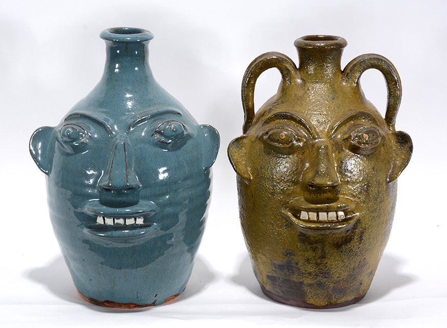 Walter Fleming. Lg Green &d Blue Face Jugs.: Walter Fleming. Lg Green &d Blue Face Jugs. Stamped. Mint condition. 12”h. Est. $200-300. Ship: $70