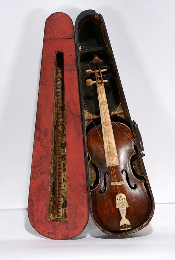 Fred Wells Long. Whaler Fiddle w Dec. Scrimshaw Neck: Fred Wells Long. Whaler Fiddle w Dec. Scrimshaw Neck Bridge. 1850. Signed and dated. Excellent condition. Original case included. Est. $1,000-2,000. Ship: $65