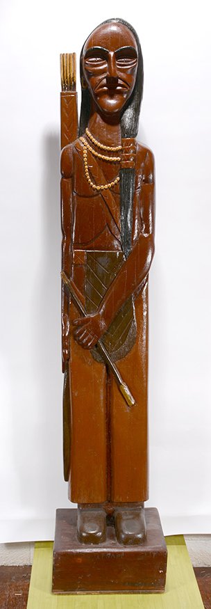 Albert Hoffman. Life Size Indian Warrior.: Albert Hoffman. Life Size Indian Warrior. Signed. Carved and painted wood. Great condition. 16” x 14” x 78” h. Est. $1,000-3,000. Buyer is responsible for shipping.