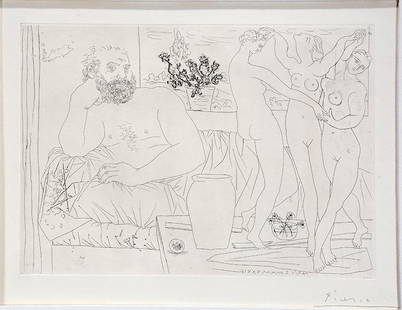 Pablo Picasso. Vollard Suite XXXIV ‘16 Etching.: 1934. Pablo Picasso. 1881-1973. Sculpteur et Trois Danseuses Sculptees. Plate 81 from La Suite Vollard. Bloch No. 217. Vollard Suite XXXIV ‘16. Black and white etching on paper. Signed lower right.