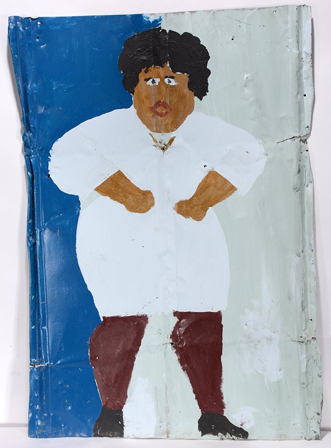 Sam Doyle. Tough Lady.: Sam Doyle. Tough Lady. Not signed. Paint on found roofing tin. Environmental weathering, otherwise excellent condition. 26” w x 38” h. Provenance: Liz Blackmon Outside-In Gallery, Los Angeles,CA,