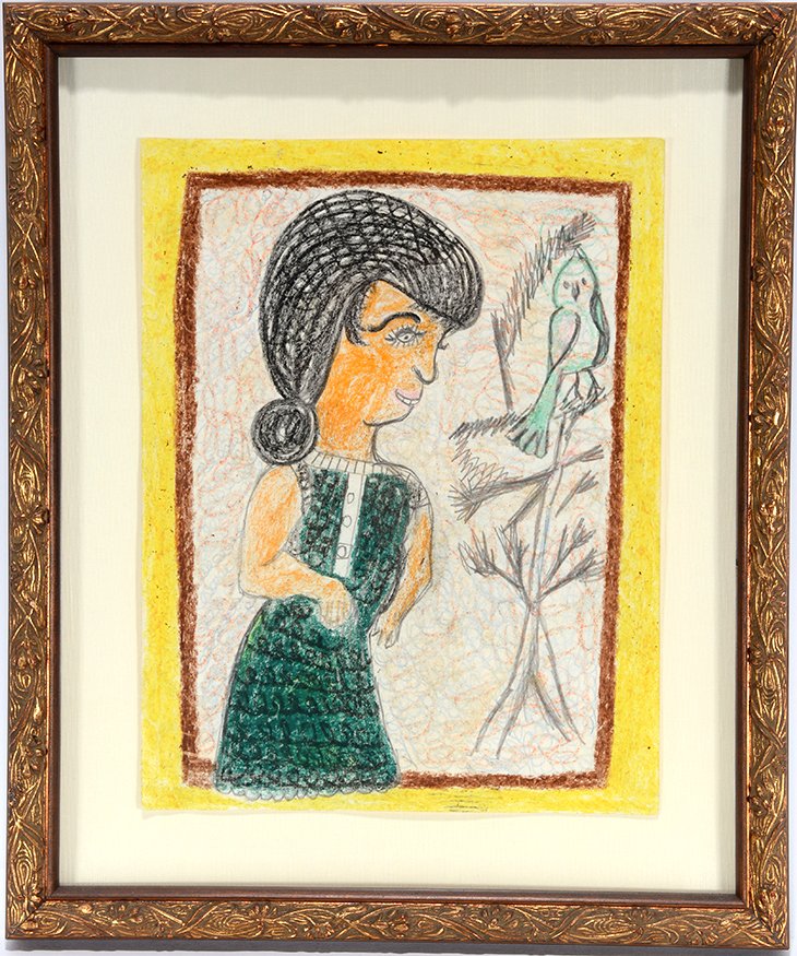 Nellie Mae Rowe. Woman With a Parrot.: Nellie Mae Rowe. Woman With a Parrot. Not signed. Crayon and colored pencil on paper. Excellent condition. Size with frame is 12” w x 15”h. Est. $800-1,200. Ship: $35