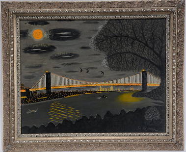 Gustav Klumpp. Brooklyn Bridge At Night.: Gustav Klumpp. Brooklyn Bridge At Night. Signed. Oil on canvas panel. Excellent condition. Size with frame is 24”w x 20”h. Est. $800-1,200. Ship $45