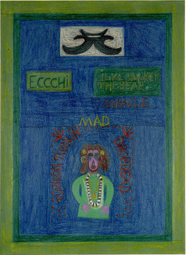 Eddie Arning. Turn On - Turn In - Drop Dead.: Eddie Arning. Turn On - Turn In - Drop Dead. Craypas on paper. Excellent condition. Image is 16”w x 22”h. Frame is 24”w x 36”h. Est. $1,000-2,000. Ship: $75