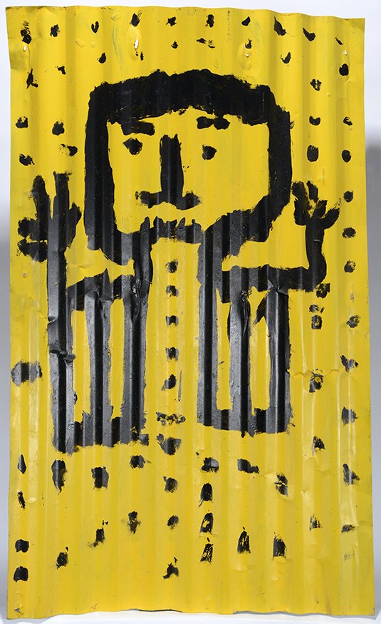 Mary T. Smith. Praying Man On Yellow.: Mary T. Smith. Praying Man On Yellow. Not signed or dated. Enamel on found corrugated tin. Excellent environmental condition. 26”w x 44”h. Est. $1,000-2,000 Ship: $65