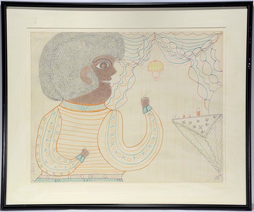 Inez Nathaniel Walker. Bad Women Drinking & Smoking.: Inez Nathaniel Walker. Bad Women Drinking and Smoking. 1977. Signed and dated. Large early example. Colored pencil and marker on poster. Excellent condition. Image is 28” w x 22”h. Frame is 36”w