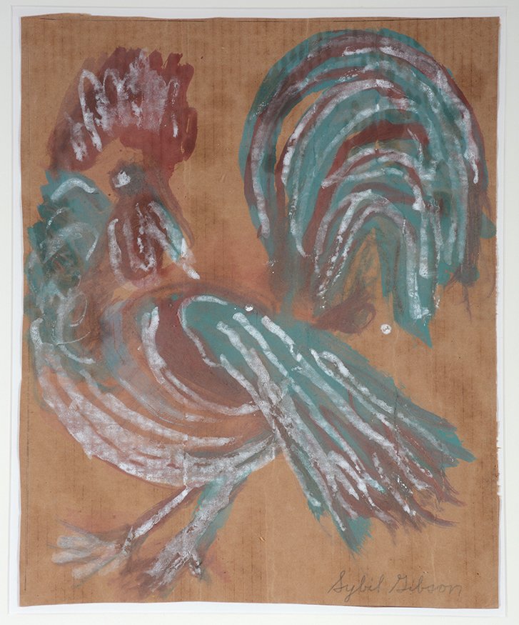 Sybil Gibson. Rooster.: Sybil Gibson. Rooster. c. 1982. Signed. Watercolor on cardboard. Excellent condition. Image is 16” w x 20”h. Frame is 27” w x 30”h. Est. $600-900. Ship: $75