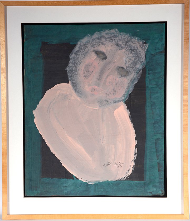 Sybil Gibson. Woman.: Sybil Gibson. Woman. 1993. Signed and dated. Watercolor on newspaper. Great condition. Image is 22” w x 27”h. Frame is 29” w x 34”h. Provenance: Leslie Muth. Est. $500-800. Ship: $100