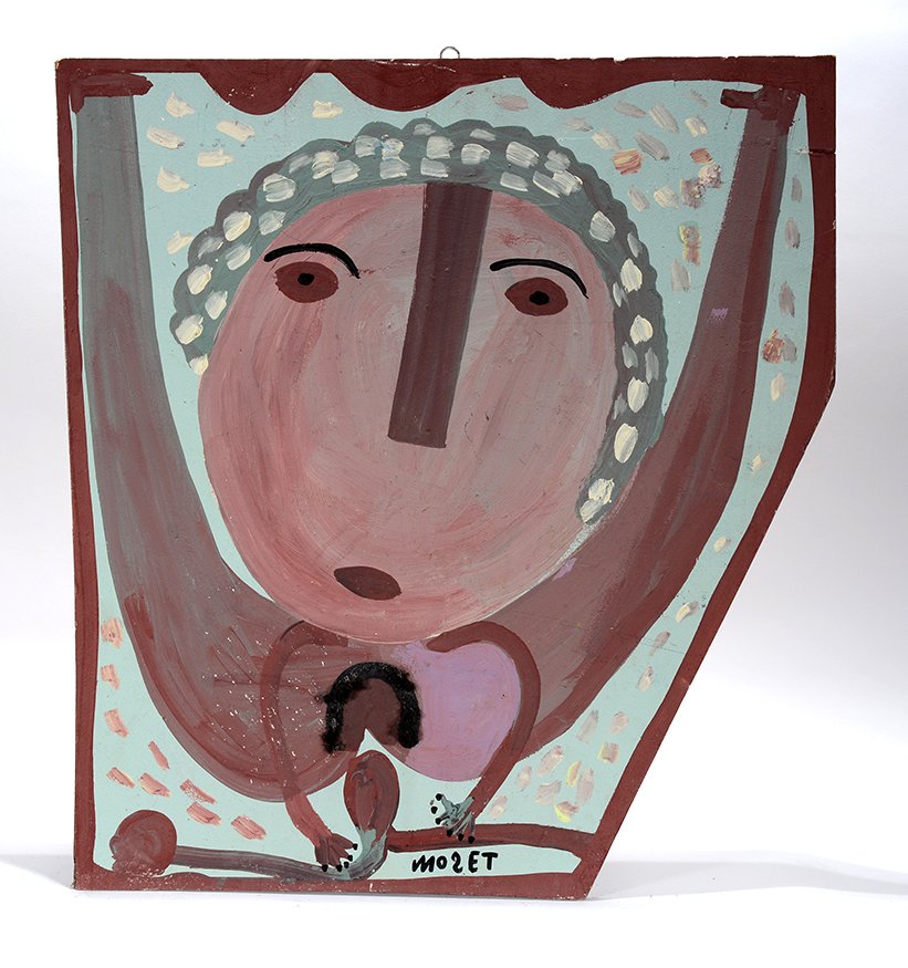 Mose Tolliver. Moose Lady.: Mose Tolliver. Moose Lady. 1990. Signed, dated and titled on verso. Paint and hair on board. Some paint splatter lower left, otherwise great condition. 24” w x 26” h. Est. $800-1,200. Ship: $55