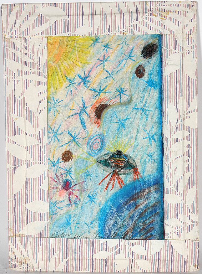 Ionel Talpazan. Sun Rising Over Space Ship.: Ionel Talpazan. Sun Rising Over Space Ship. 1989. Signed and dated. Crayon and marker on cardboard. Excellent condition. 11.5” w x 16” h. Est. $100-200. Ship: $30