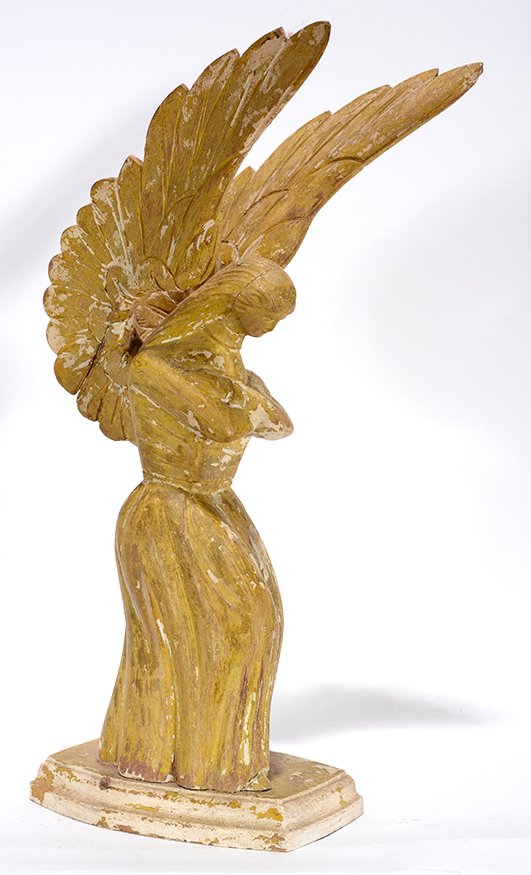 Carved Masonic Angel.: Masonic Angel. Not signed or dated. Carved and painted wood. Repair to both wings, otherwise good condition. 14”h x 6” x 8”. Est. $100-200. Ship: $45