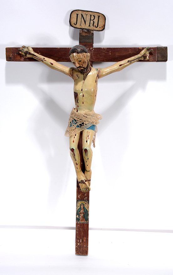 Colonial Cross w Painted Virgin Below Jesus. (1 of 4)