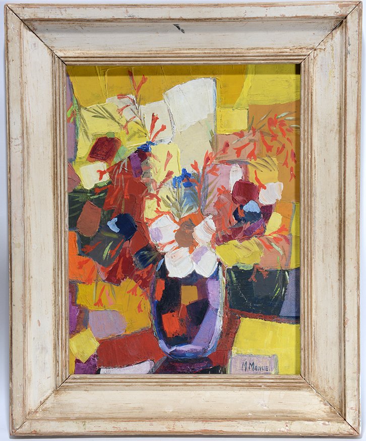 M. Manuel. Flowers In Vase.: M. Manuel. Flowers In Vase. Signed. Oil on masonite. Excellent condition. 17” w x 21”h with frame. Est. $300-500. Ship: $45