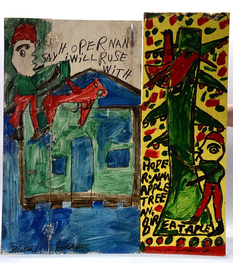 Willie Jinks. Pair Of Works.: Willie Jinks. Pair Of Works. Signed. Paint on found board. Great condition. Average size is 15” x 40”. Est. $100-200. Ship: $85