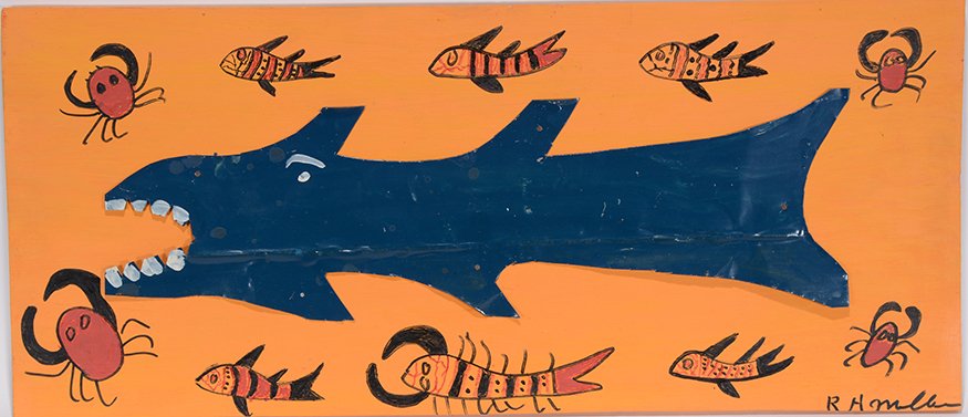 R.A. Miller. Blue Shark.: R.A. Miller. Blue Shark. Signed. Paint on cut out tin attached to painted board. Excellent condition. 32” w x 14”h. Est. $200-300. Ship: $45