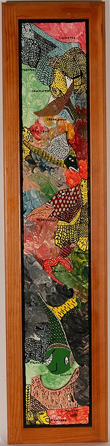 Michael & Chuck Finster. Scraps From Past.: Michael & Chuck Finster. Scraps From The Past. Not dated. Signatures not visible. Paint and marker on board. Excellent condition. 12”w x 50” h. Est. $100-300. Ship: $65