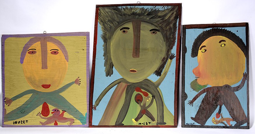 Mose Tolliver. 3 Early Erotic Works.: Mose Tolliver. Three Early Erotic Works. Signed. Not dated. Paint on board. Excellent condition. Largest is 24” x 24”. Est. $800-1,200. Ship: $65